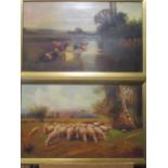 English School, late 19th/early 20th century, Cattle grazing in a river landscape, and A Flock of