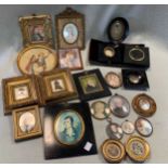 A collection of portrait miniatures, silhouettes and spare frames, including a Portrait of an