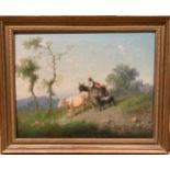 English school, Girl on a donkey with cattle in a hilly landscape, oil on canvas, 39 x 51cm