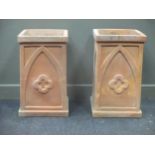 A near pair of terracotta planters decorated with gothic arches and quatrefoil 70.5 x 41 x 43cm