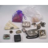 A silver ladies purse, vesta case, cufflinks and a miniature silver padlock, various items of