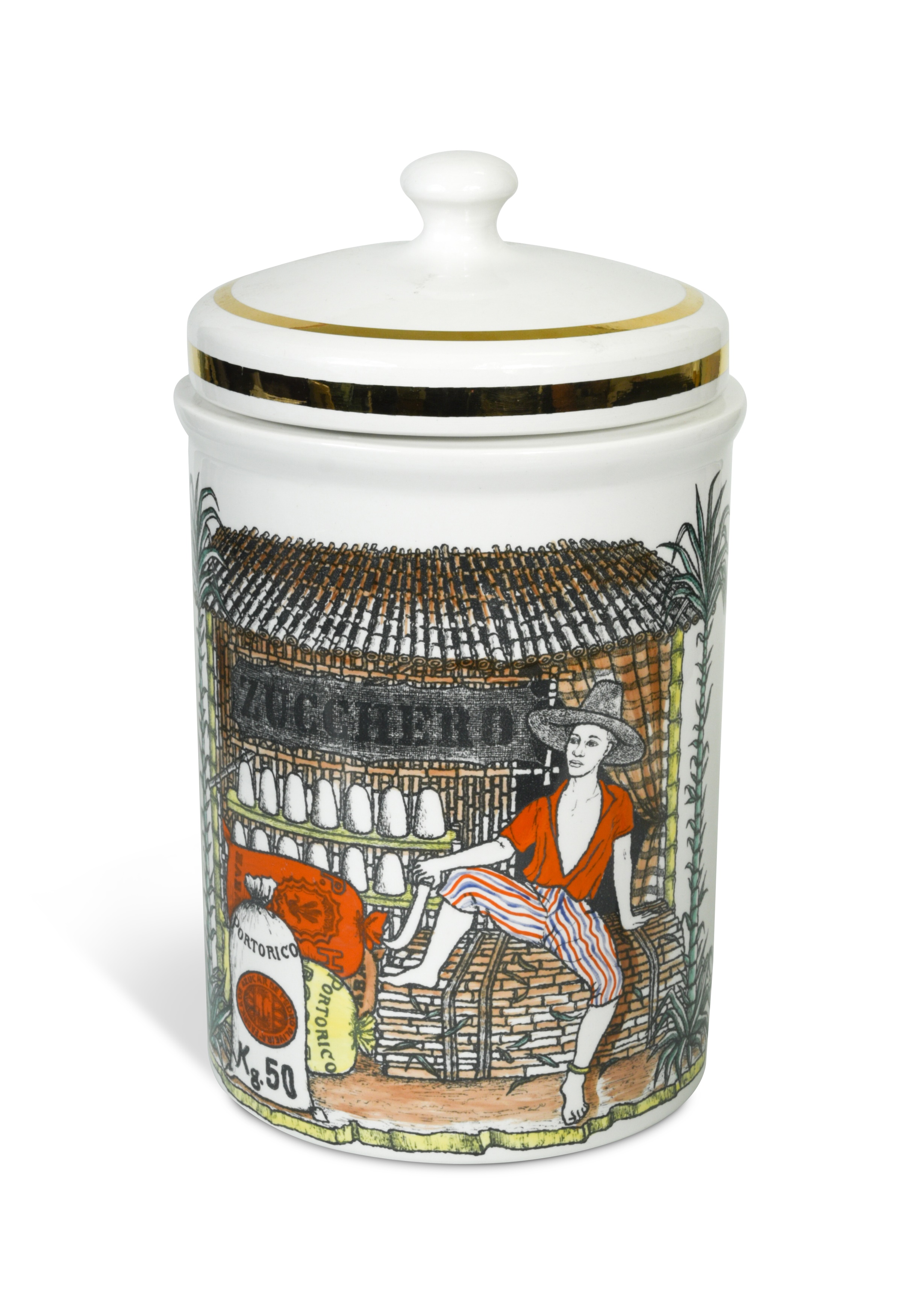 Piero Fornasetti for Fornasetti Milano, a transfer printed ceramic canister and cover,