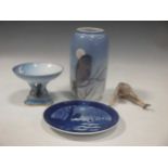 A Royal Copenhagen vase, a Christmas plate for 1974, a model of a ballerina and a tazza (4)