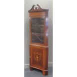 An Edwardian inlaid mahogany glazed corner cabinet, 206 x 69cm together with a demi-line side table,
