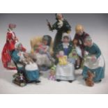 Seven Doulton figures to include: The Rag Doll Seller Christmas Parcels The Girl Evacuee Sunset
