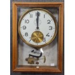 Brillie (France) electric master clock, with programmer, pale oak glazed case, 23cm white dial,