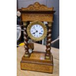 A French portico clock, 19th century, inlaid walnut case with painted dial, bell striking