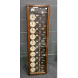 Synchronome 10 dial distribution panel, oak cased, probably 1930s, double hinged glazed case, 116cm