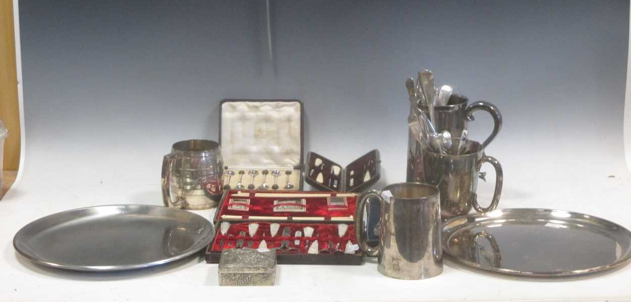 A quantity of silverplated and other wares to include a sewing set with mother of handles, a