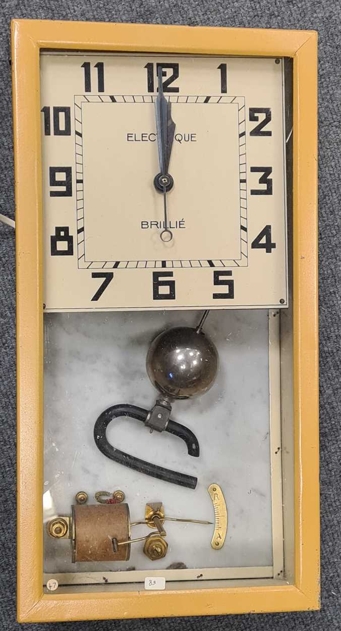 Brille (France) electric master clock, yellow painted metal case, 18cm square dial, with marble