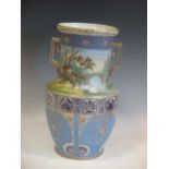 A large antique pre 1921 Japanese Nippon IE&Co hand painted vase with ships in landscape, base