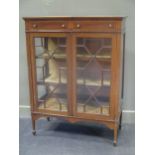 An Edwardian inlaid mahogany display cabinet with two frieze drawers, 121 x 92 x 44cm