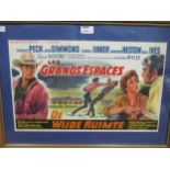 Three framed vintage film posters, including The Big Country 55.5 x 70.75cm, Jeanne Eagels 72 x 31cm