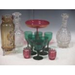 A collection of glassware to include a cranberry galss tazza with Greek Key decoration, various