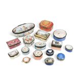 A collection of sixteen English and French enamel snuff boxes and patch boxes,