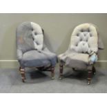 A near pair of button back bedroom chairs on turned front legs together with two low chairs