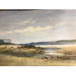 English School, 19th Century, Coastal landscape with seagulls on the beach at low tide, indistinctly