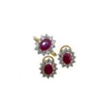 A ruby and cubic zirconia ring with ear studs en-suite both tested as 18ct gold, 8.3g gross (2)