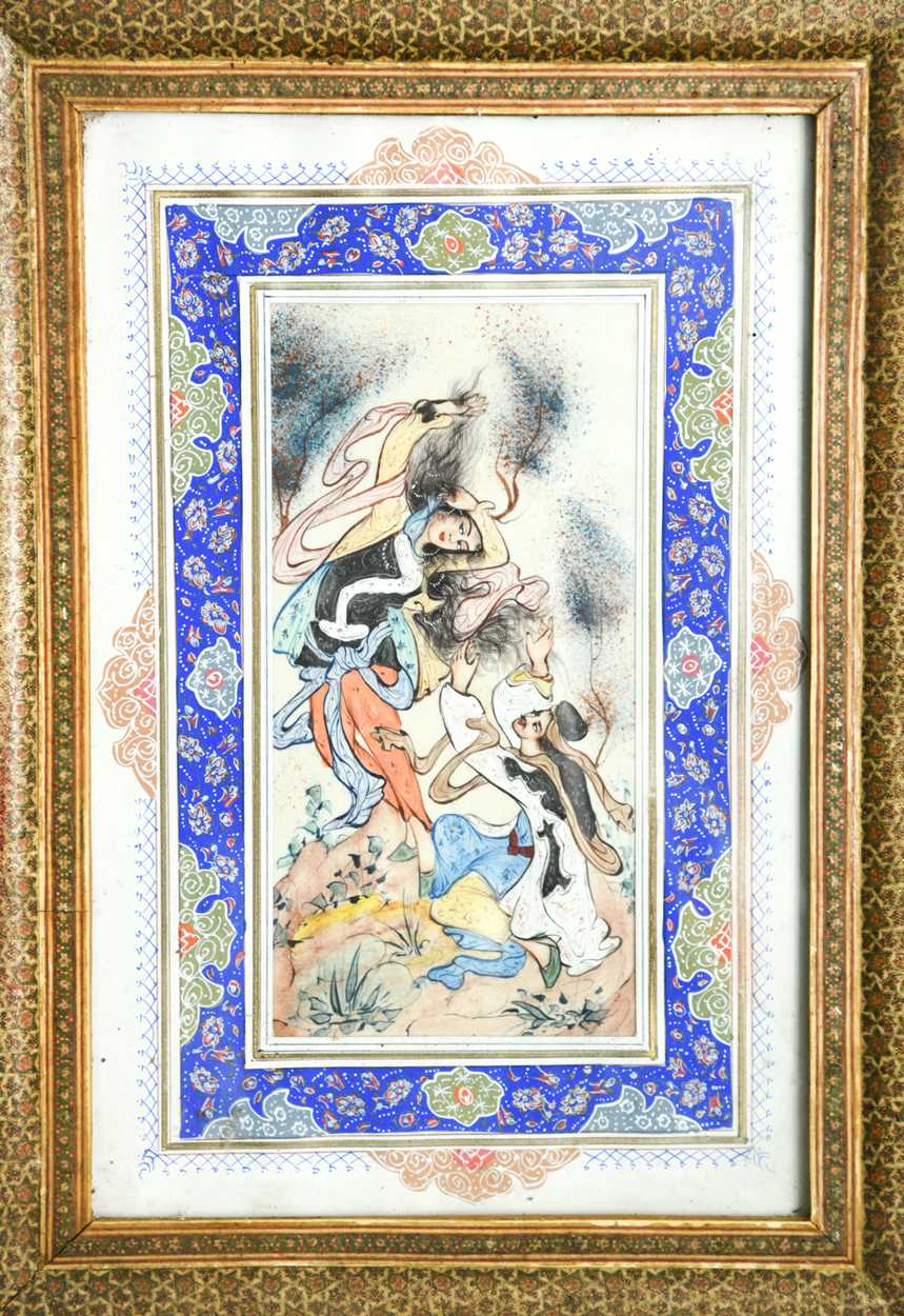 An Islamic goauche courtship scene in an elaborate inlaid frame and matching inlaid inkstand, - Bild 2 aus 3