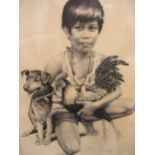 Filipino School, G. Bennett, boy portrait with cockerel and dog, graphite 66.5 x 51.5cm