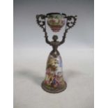 A Continental painted enamel female form wager cup