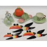 Carlton Ware including two cruets, cups, dishes, modern toucans, etc