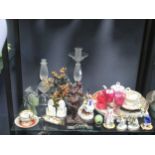 Collection of porcelain figures, pair of Murano candlesticks, a pair bookend figures, a hard stone