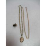Two hallmarked 9ct gold chains together with a hallmarked 9ct gold cameo pendant and a fob seal,