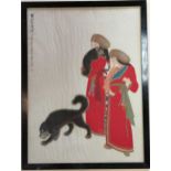 A group of Chinese rice paper paintings, unframed; together with a Chinese print of girls with dogs,