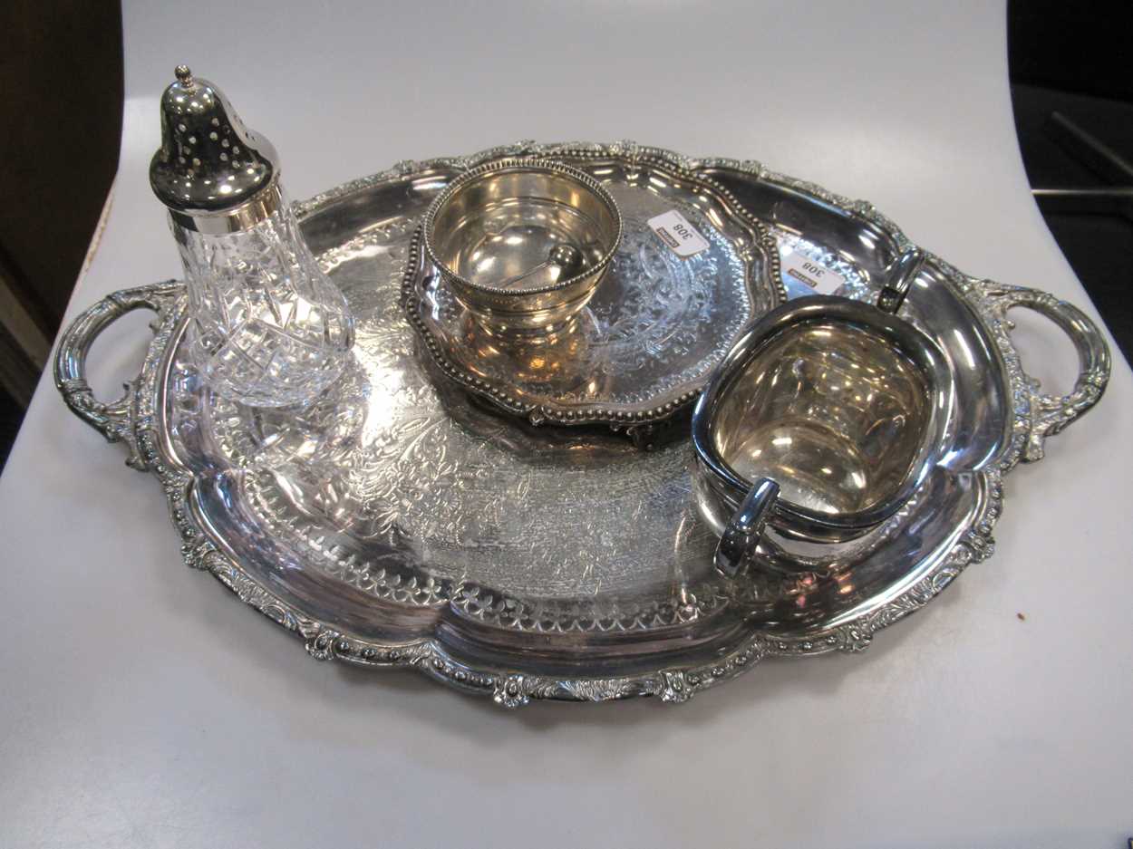 A silver sugar bowl, 2 plated trays, etc