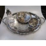 A silver sugar bowl, 2 plated trays, etc