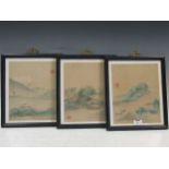 3 framed Ming style pictures on linen; with 3 19th century engravings after Thomas Allom from
