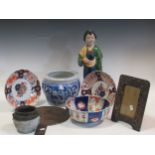 A group of Japanese/Chinese ceramics, a vase, photo frame and polished bronze hand mirror