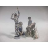 A Bing & Grondahl model of Harlequin together with a B&G model of a young boy gardening and two