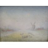 A 20th century oil painting of sheep in a landscape with windmill in the mist, 32 x 42cm