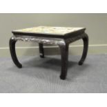 A Chinese hardwood low or kang table, with decoupage mounted top surface, 47 x 78 x 60cm