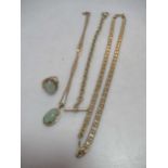 Two hallmarked 9ct gold chains, together with a jade pendant tested as 9ct gold, a hallmarked 9ct
