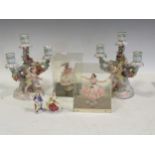 A pair of German porcelain figural candelabra, a pair of 'Dresden' ballerinas and 2 miniature