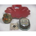 A Regency painted papier mache shell shaped dish, a card case, and two 20th century Indian boxes