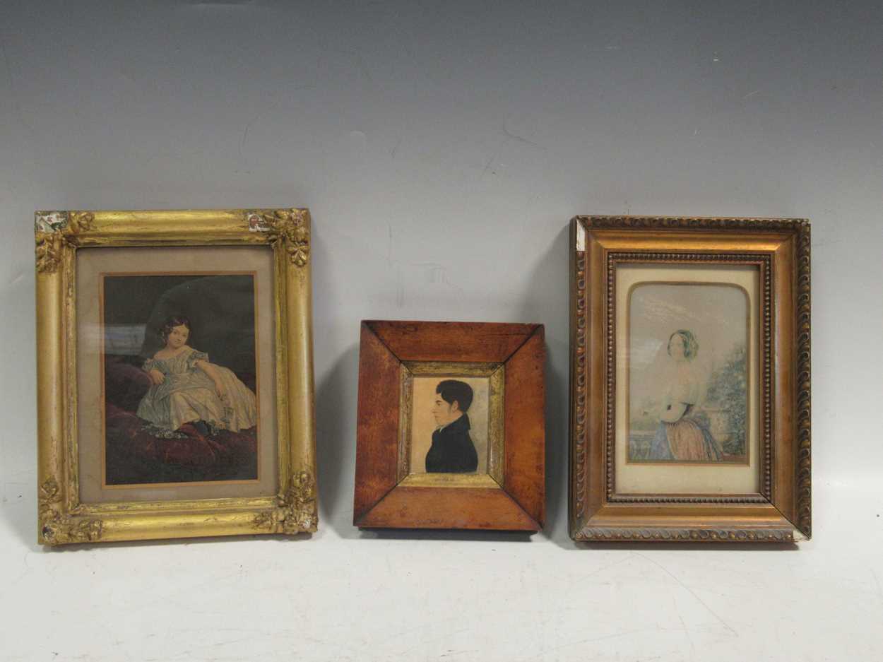 Two Baxter style prints, an amateur miniature portrait, and two teapots (5)