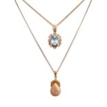 An opal and diamond pendant stamped '18K' on a chain tested as 9ct gold, together with a blue