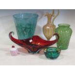 A Venetian glass ewer, together with a Monart glass vase, another, and other Murano glasswares