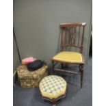 An Edwardian mahogany and inlaid bedroom chair together with a footstool and a Harrods hat box