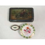 Rowntree of York veteran car motif motoring tin, a Staffordshire enamel patch box and a painted