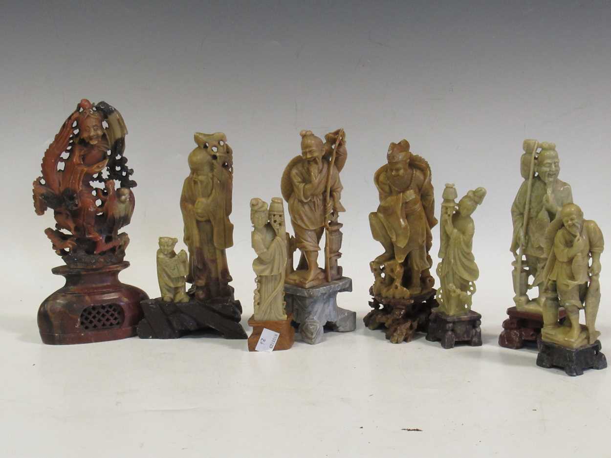 A collection of eight chinese soapstone figures and figure groups