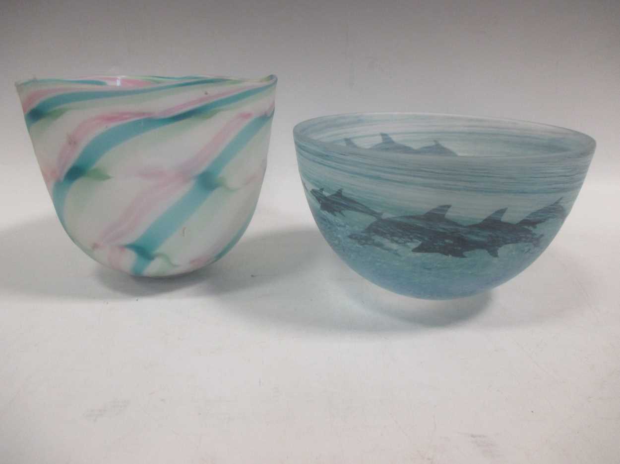 A Malcolm Sutcliffe glass bowl decorated with dolphins and another unsigned art glass bowl (2)