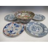 A Cantonese famille rose bowl 26.5cms, three Chinese blue and white plates and another Imari