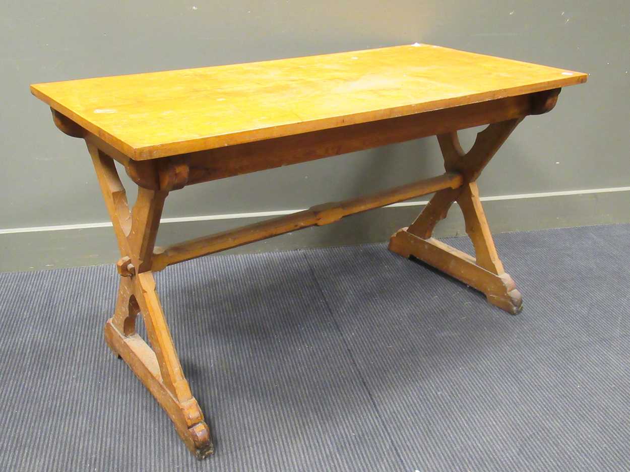 An oak X pattern table base in the Puginesque style with a later top, 72 x 104 x 63cm