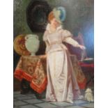 British School, eary 20th century A lady with her dog oil on board 18 x 14cm; an oil of a sleeping