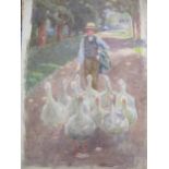 Brock Brothers, early 20th century, three loose watercolours: the goose boy, cottage in the woods,